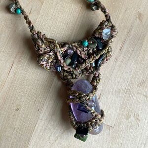 Vintage Amethyst Pendant Necklace | Micro Crocheted Moss Silk by Risa Benson